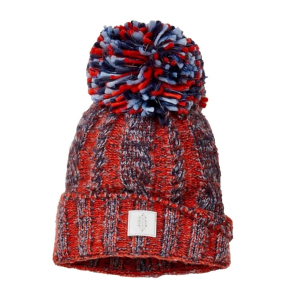 NWOT Free People Pom Party Reflective Beanie in Red/Blue combo